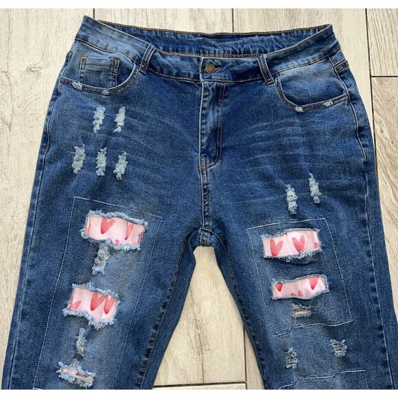 Jeans Jeans Women's Jeans XL 35x28 Ripped Blue Stretch Pink Hearts Super Cute - Picture 4 of 5
